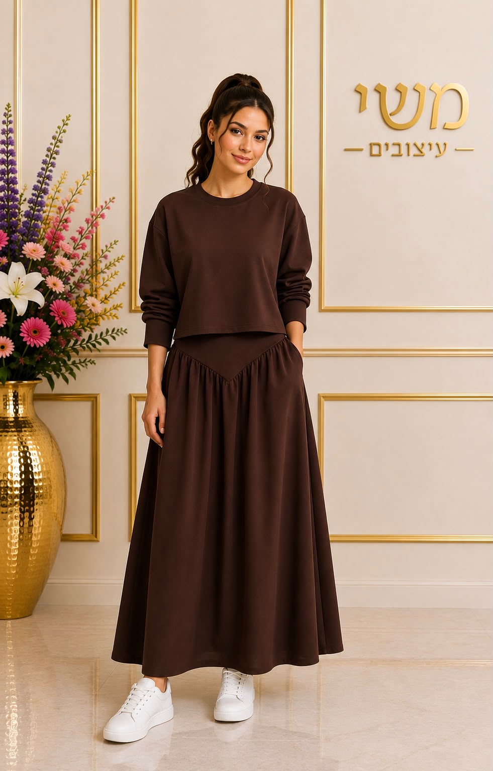 חליפת חצאית כיווצים וי - חום