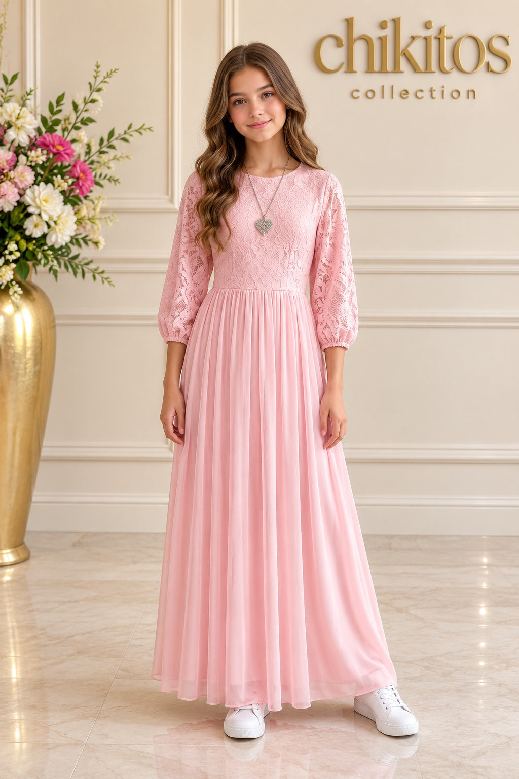 שמלת ערב תחרה גיפיור - ורוד