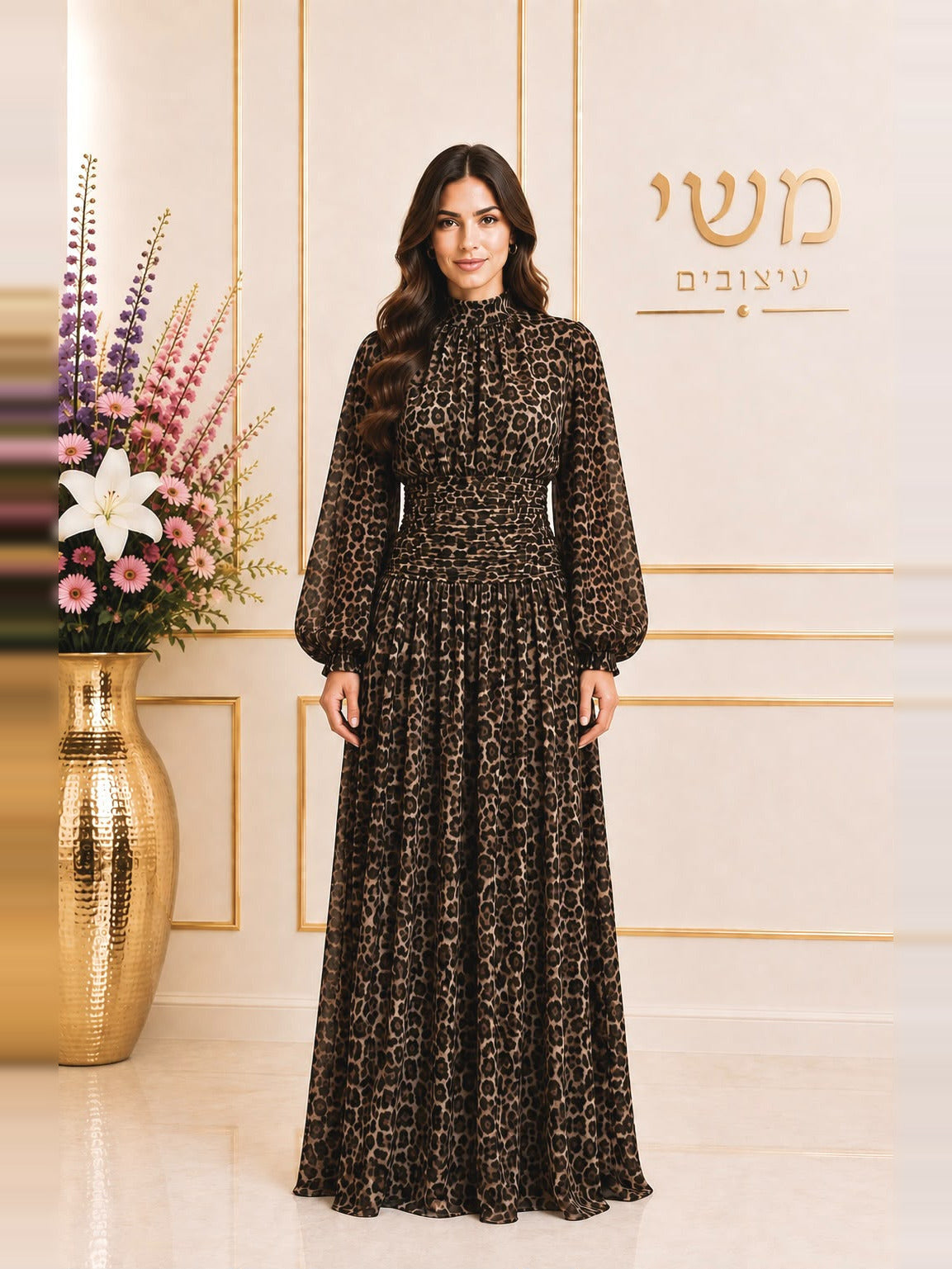 שמלת קולר מקסי מנומרת - מנומר חום כהה