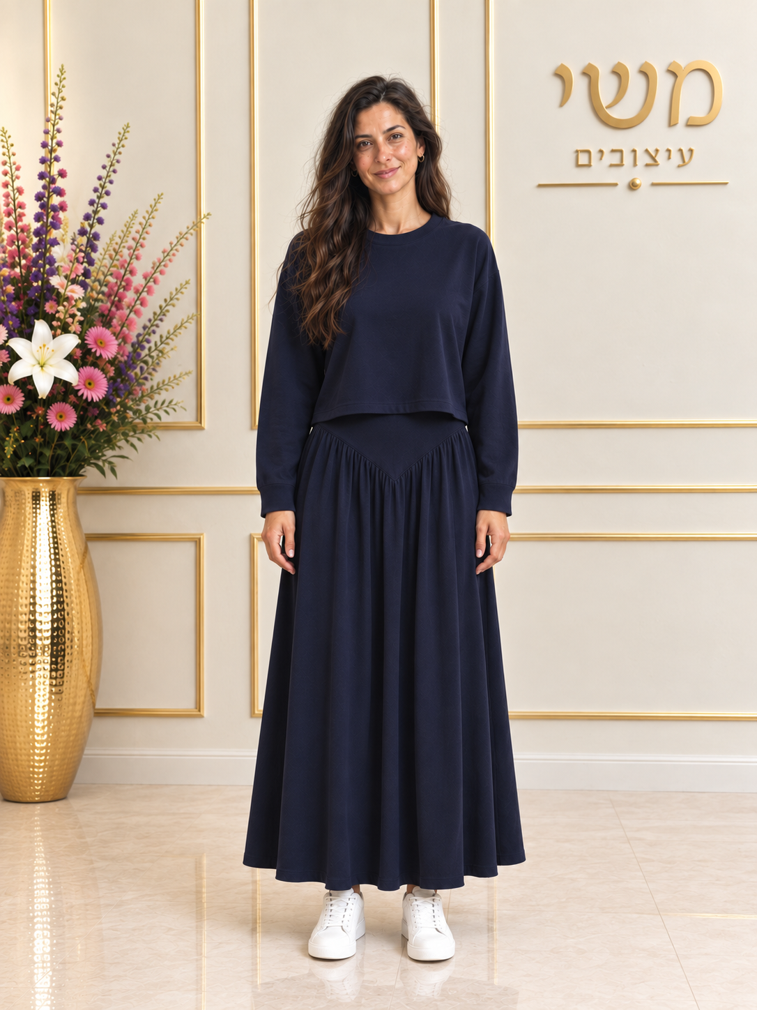 חליפת חצאית כיווצים וי דגם 16605 - נייבי