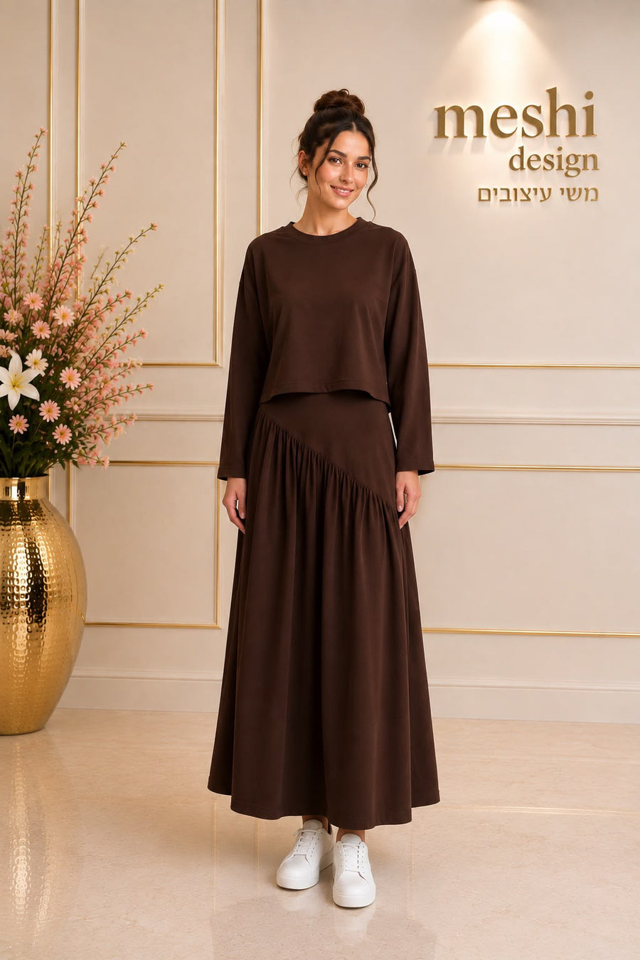 חליפת חצאית כיווצים אלכסון - חום