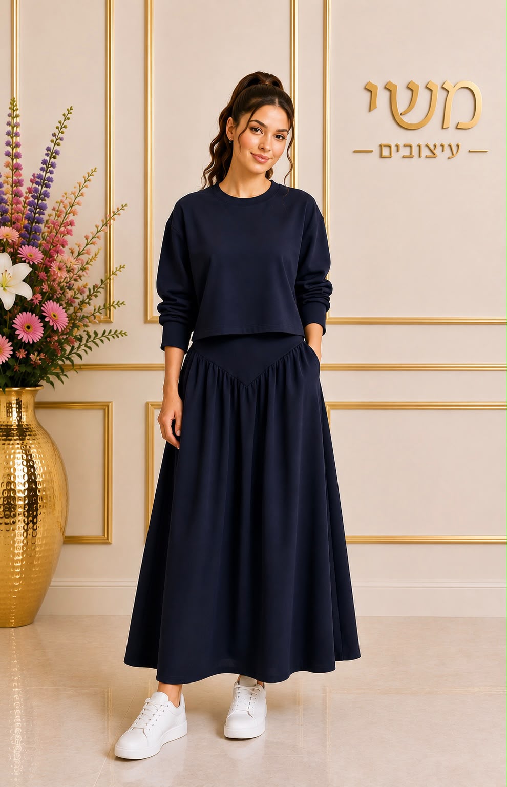 חליפת חצאית כיווצים וי - נייבי