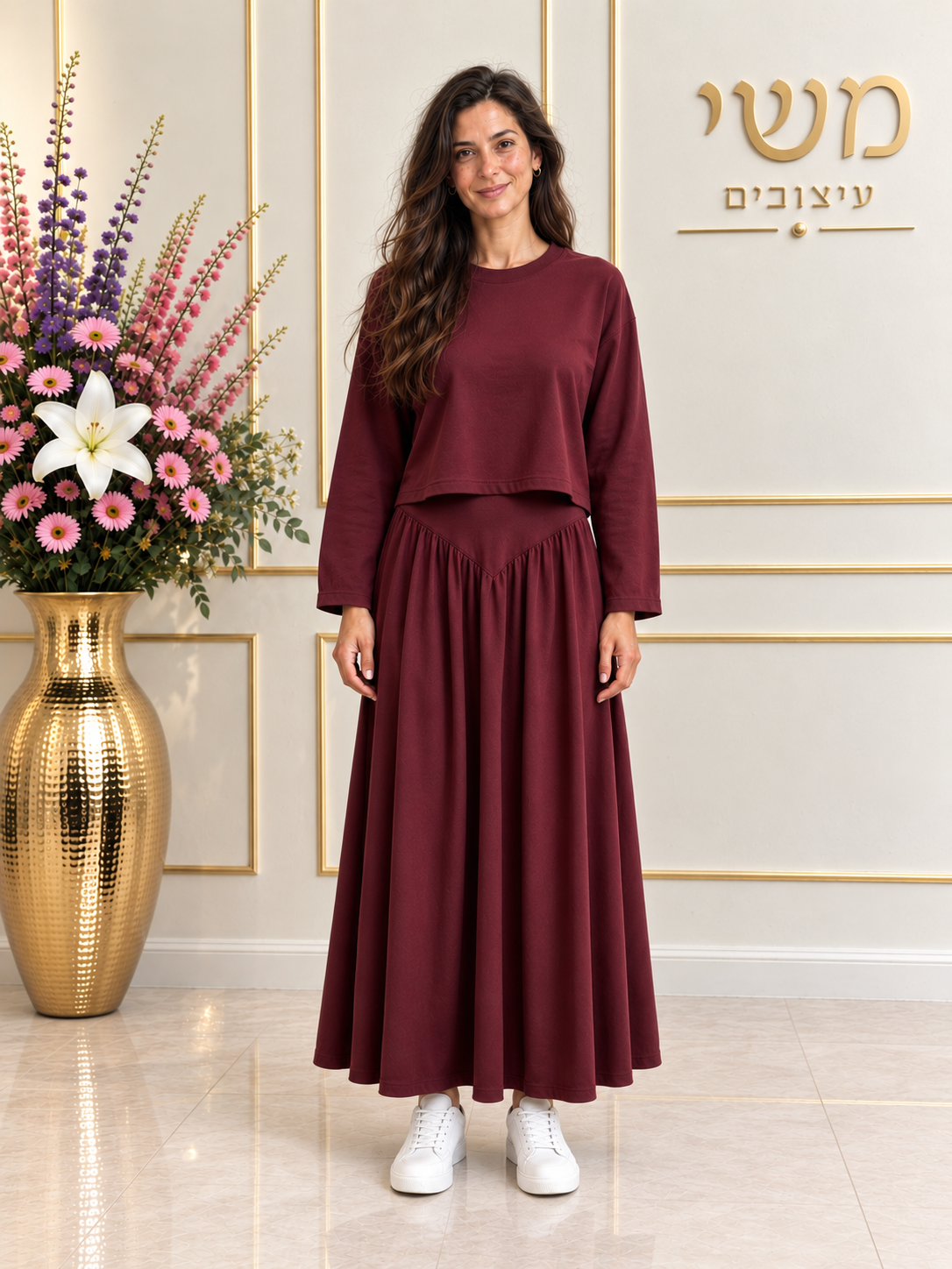 חליפת חצאית כיווצים וי דגם 16605 - בורדו