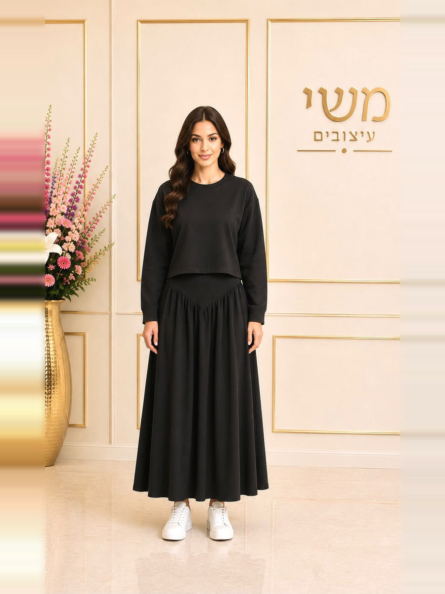 חליפת חצאית כיווצים וי - שחור